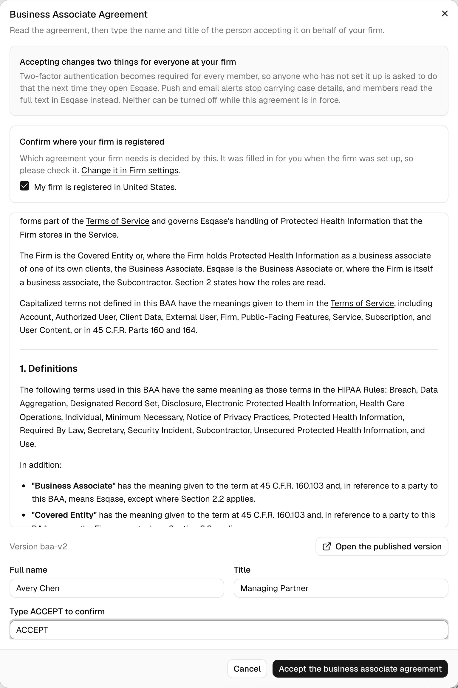 The acceptance dialog showing the "Accepting changes two things" panel, the registered-country confirmation, the scrolling agreement text, the name and title