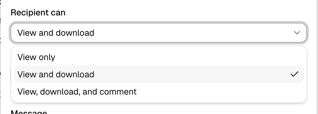 The Recipient can dropdown expanded, showing View only, View and download, and View, download, and comment.