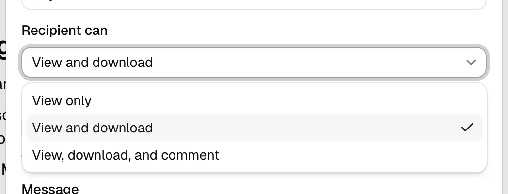 The Recipient can dropdown expanded, showing the three options: View only, View and download, and View, download, and comment.