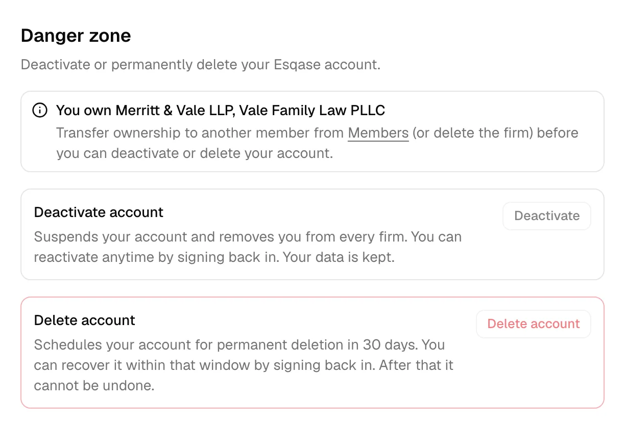 The Danger zone section of the Account page, showing the Deactivate account and Delete account options (and, if you own a firm, the notice asking you to