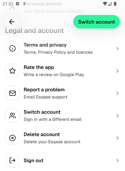 The lower part of the account screen in the Esqase Client app, showing the Legal and account section with the Delete account row above Sign out.