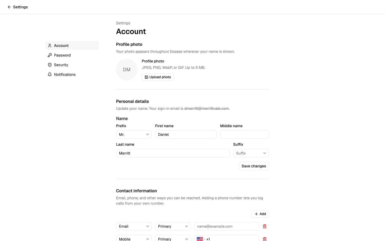 The Account settings page, showing the left navigation list (Account, Password, Security, Notifications, Integrations) and the Profile photo, Personal details