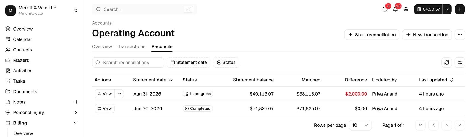 The account detail page with the Reconcile tab selected, showing the reconciliation history table, the filter row above it, and the Start reconciliation button