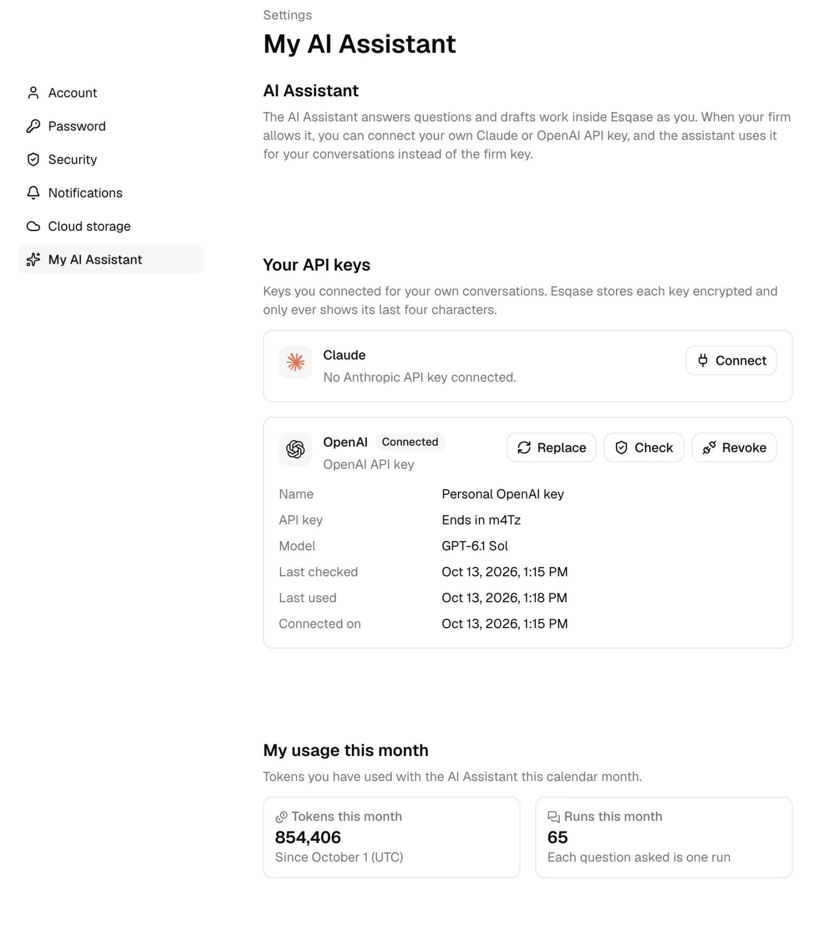 The My AI Assistant settings page with a connected personal OpenAI key under Your API keys, and My usage this month below it.