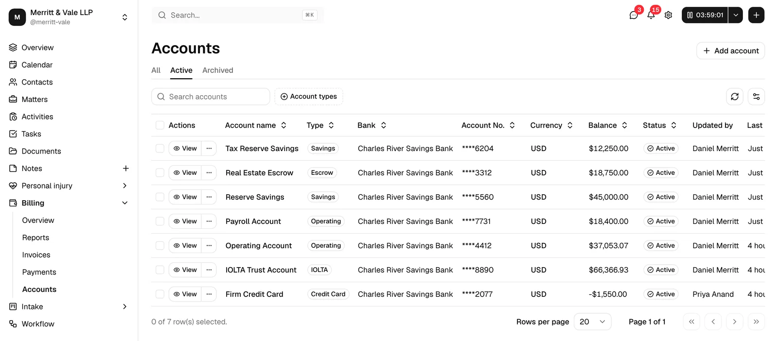The Accounts list with the Active / All / Archived tabs, the search and Account type filter in the toolbar, and a few rows showing balances and the Add account