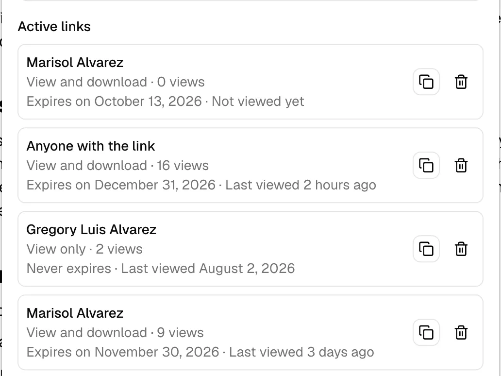 The Active links list showing one public link and one recipient link, each with its access level, expiry, last-viewed time, view count, and Copy button.