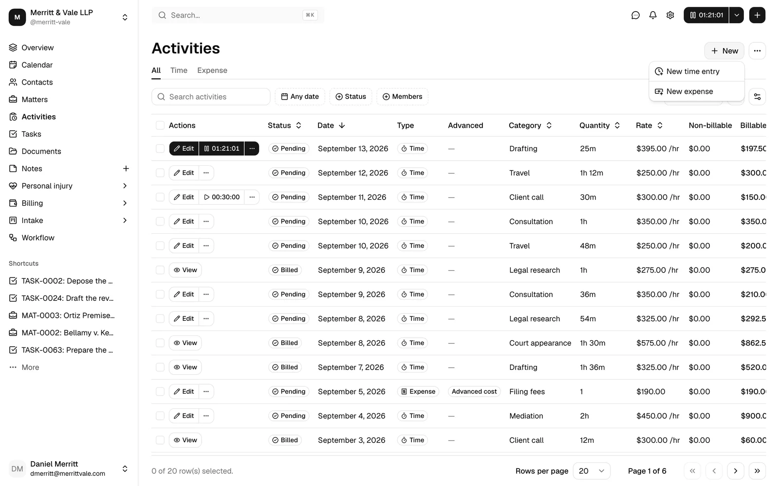 The full Activities page showing the All / Time / Expense tabs, the search and filter row, the New time entry and New expense buttons, and several rows in the