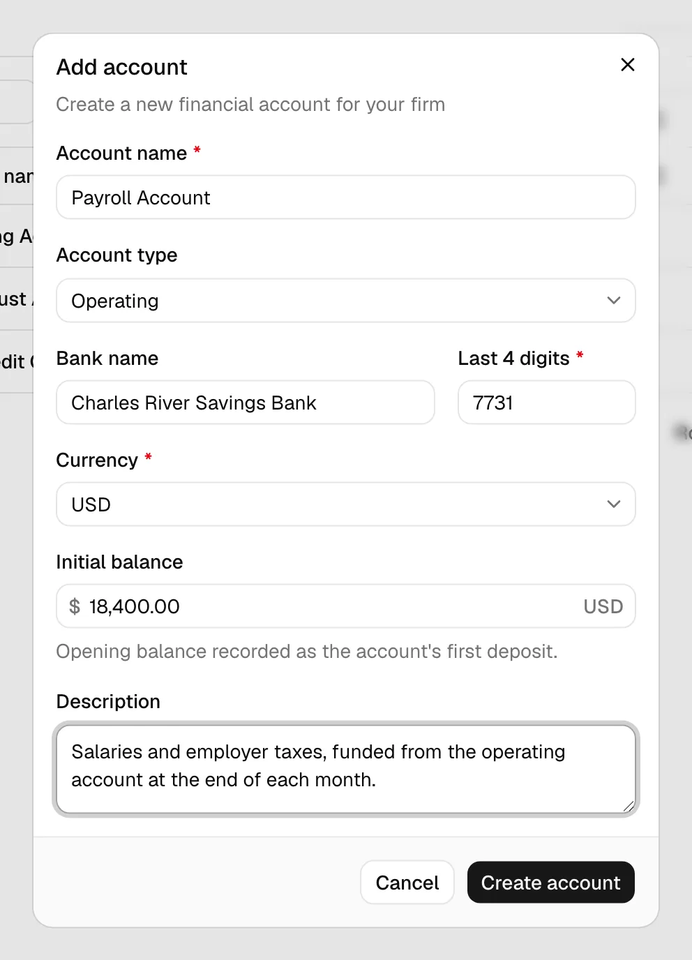 The Add account dialog filled in for an Operating account, highlighting the Account type field and the Initial balance field.