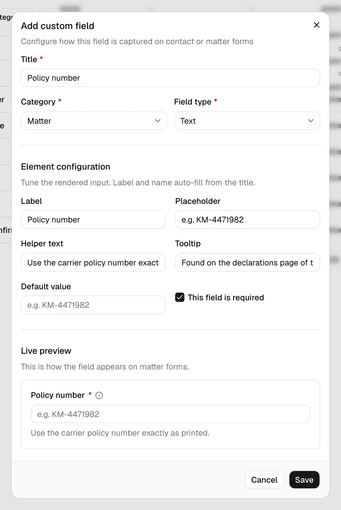 The Add custom field dialog with Title, Category, Field type, the Element configuration section, and the Live preview panel at the bottom.
