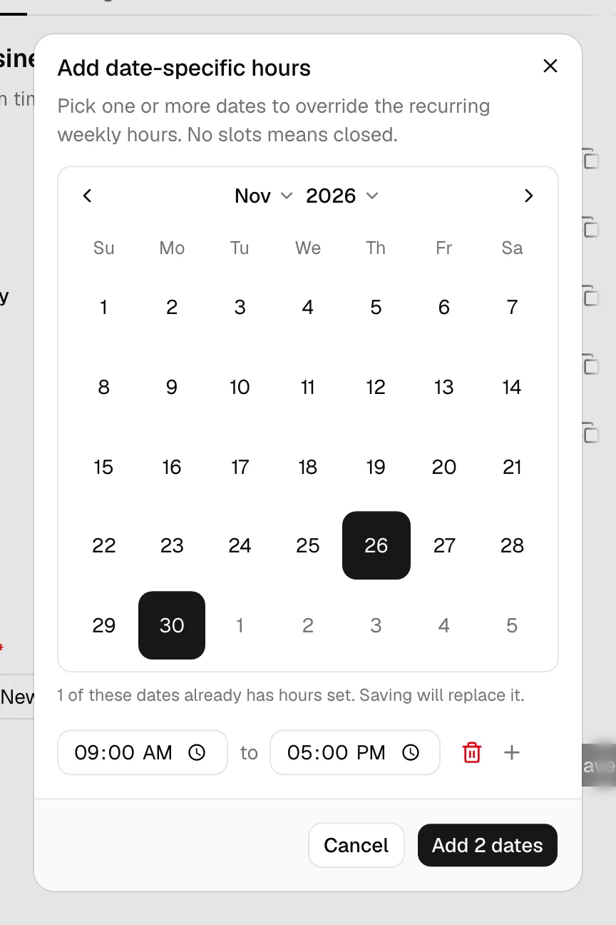 The Add date-specific hours dialog with two dates selected in the calendar and a single time slot set, plus the "already has hours set" replace note visible.
