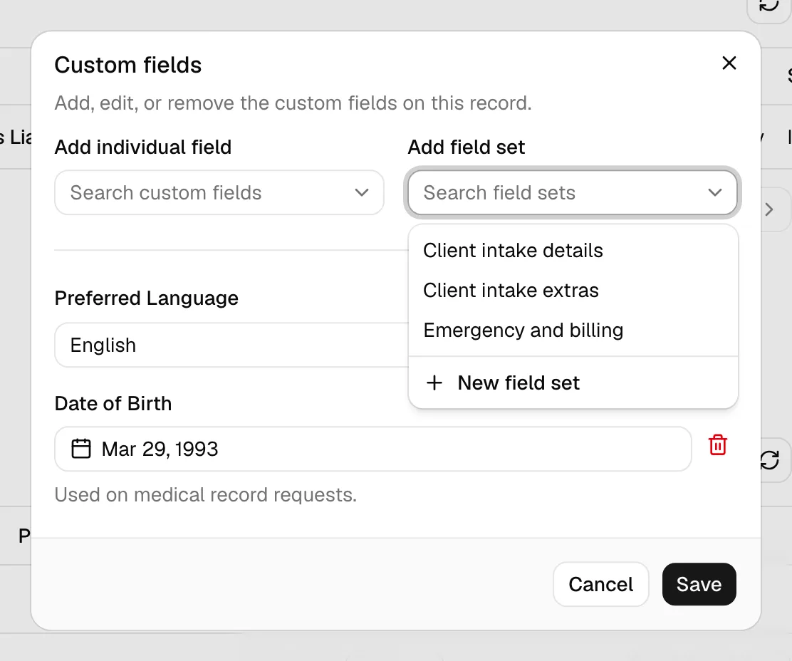 The record Custom fields dialog with the Add field set dropdown open, showing a list of available field sets to choose from.
