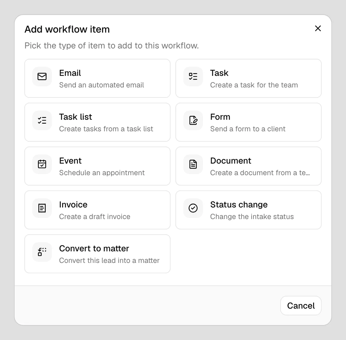 The Add workflow item dialog open on the type-picker step, showing the grid of nine step types with their icons and descriptions.