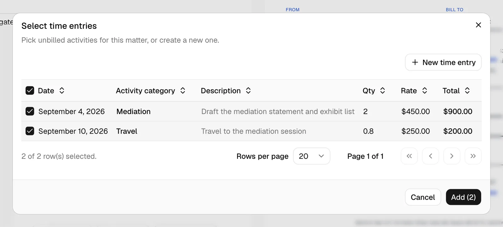 The "Select time entries" dialog showing unbilled activities with checkboxes, the New time entry button, and the Add button.