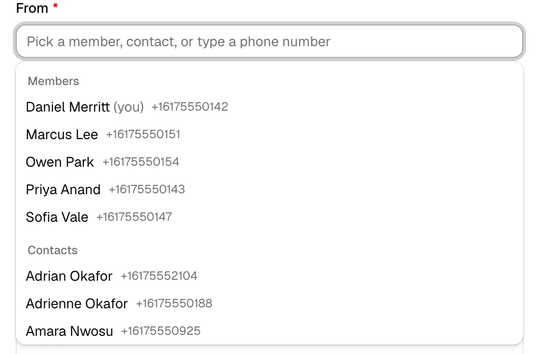 The phone-log From picker open, showing the current member marked (you) with an Add your phone number link, another member with a phone number beside their
