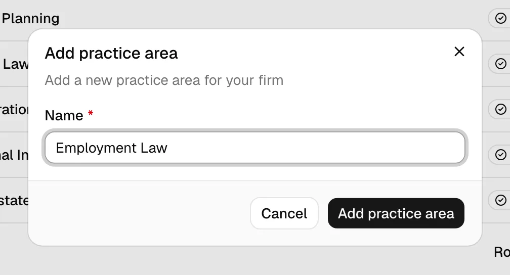 The Add practice area dialog with the Name field filled in and the Add practice area button highlighted.