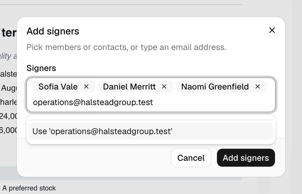 The Add signers dialog with the dropdown open, showing the Members and Contacts groups and an email being typed. Highlight the "Use '...'" option for adding an