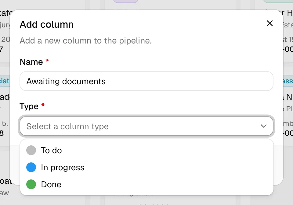 The "Add column" dialog with the Name field filled in and the Type dropdown open showing To do, In progress, and Done.