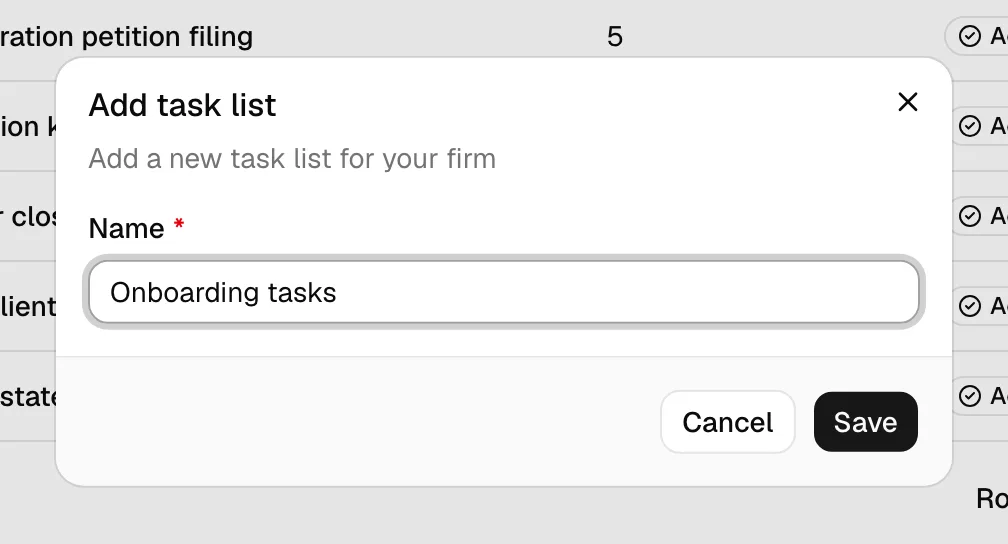 The Add task list dialog with the Name field filled in with an example like "Onboarding tasks".