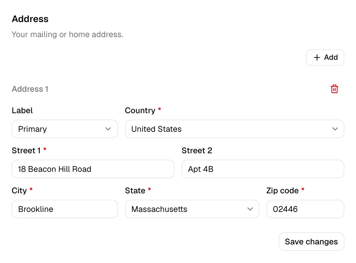 The Address section with one address filled in (label, country, street, city, state, and postal code) and the Save changes button.