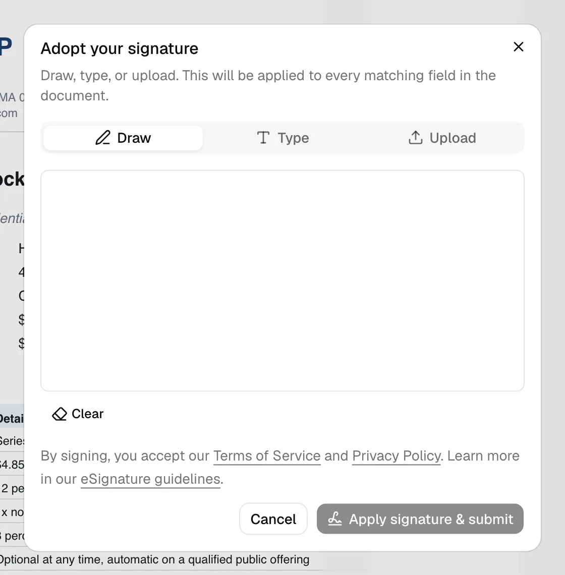 The "Adopt your signature" dialog with the Draw, Type, and Upload tabs and the Apply signature & submit button. Highlight the three tabs.