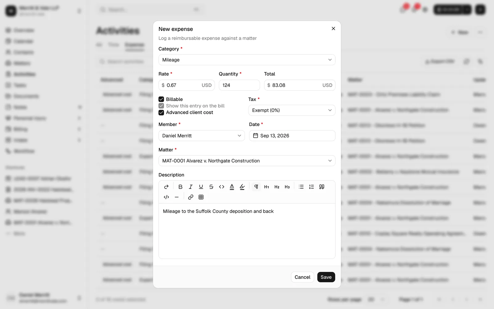 The New expense dialog with the Billable, Show this entry on the bill, and Advanced client cost tick boxes, next to the Activities list showing the Advanced