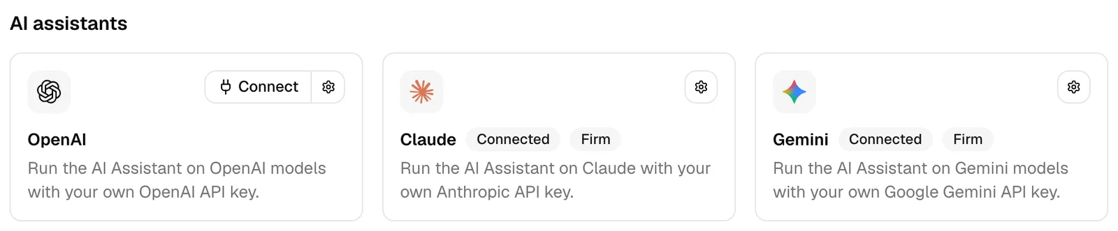 The AI assistants group: OpenAI with Connect and its gear icon, then Claude and Gemini, each with the Connected and Firm badges and its gear icon.