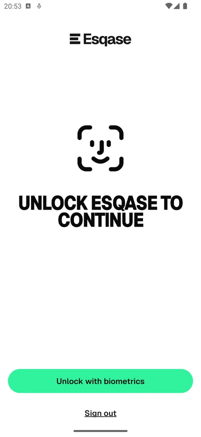 The UNLOCK ESQASE TO CONTINUE lock screen of the Esqase Client app on Android, showing the Esqase wordmark, the face outline, the Unlock with biometrics button and the Sign out link.