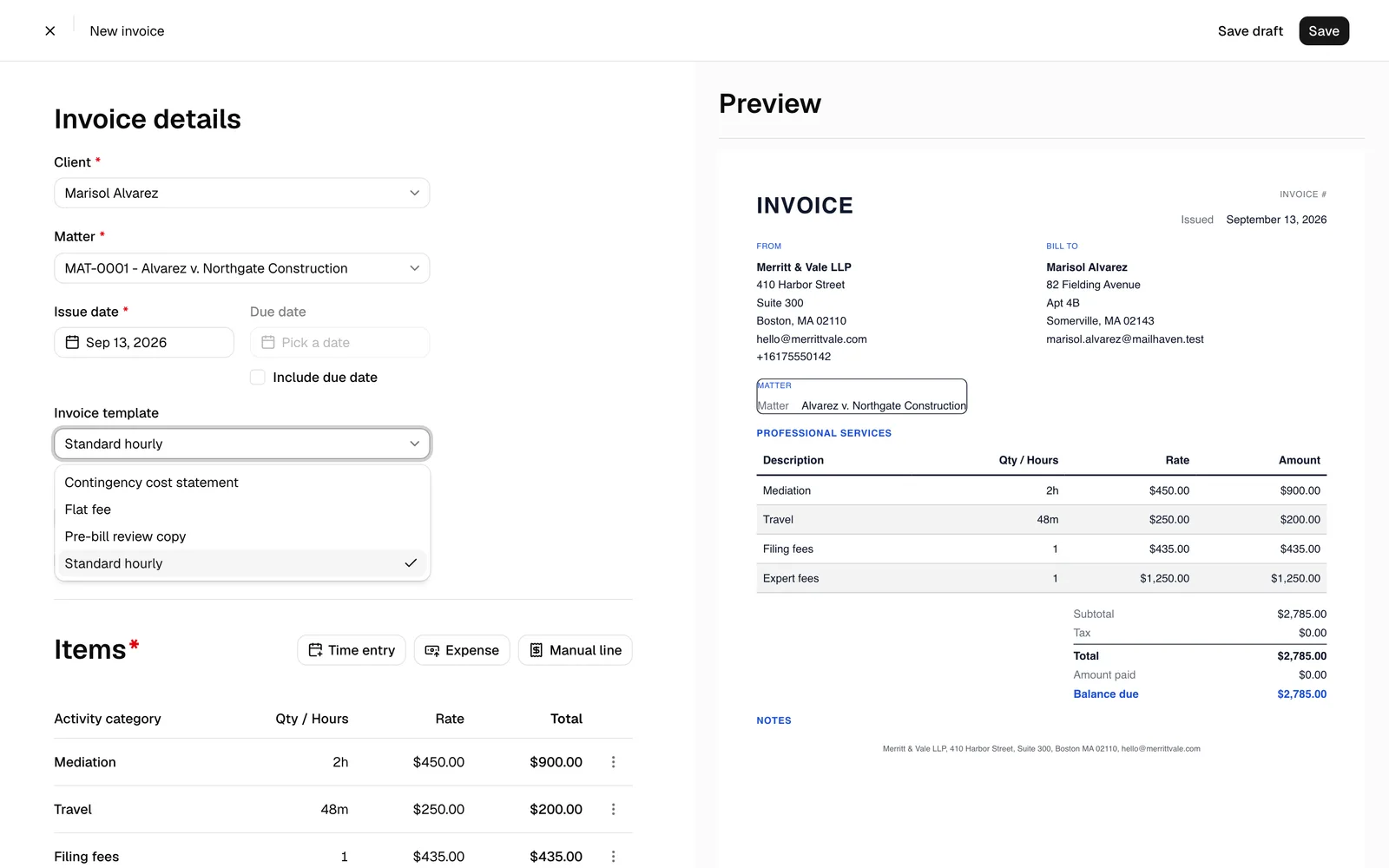 The invoice creation form with the Invoice template dropdown selected and the live invoice preview rendered with that template on the right.