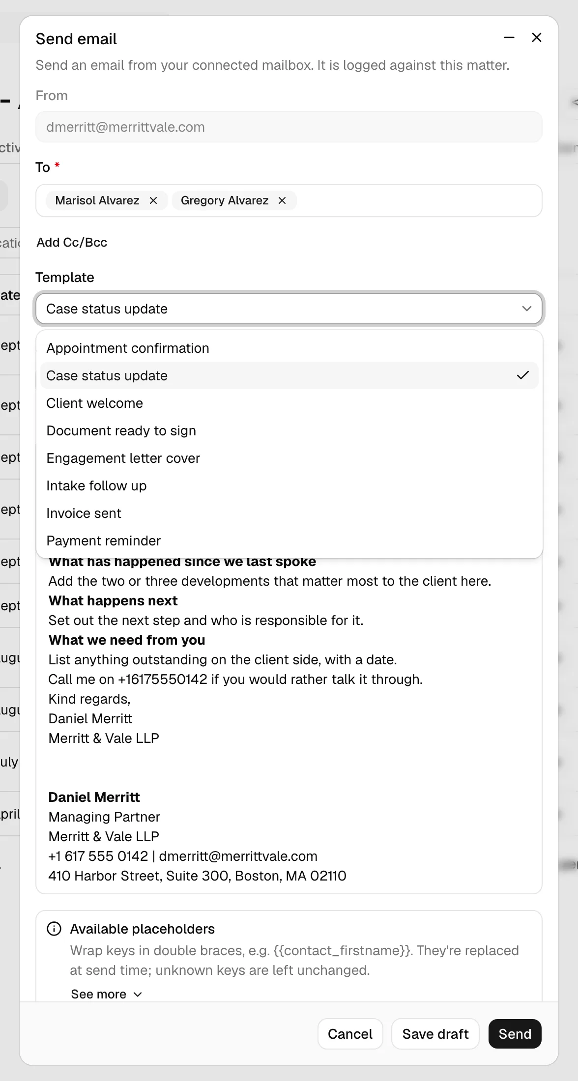 The Template dropdown open in the Send email dialog with a list of templates. Highlight one selected template and the prefilled Subject below.