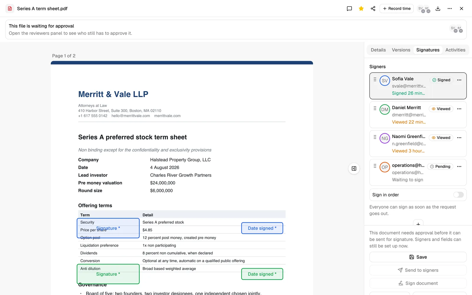 The Signatures panel with the Send to signers and Sign document buttons greyed out and, above them at the top of the action bar, the note explaining that the