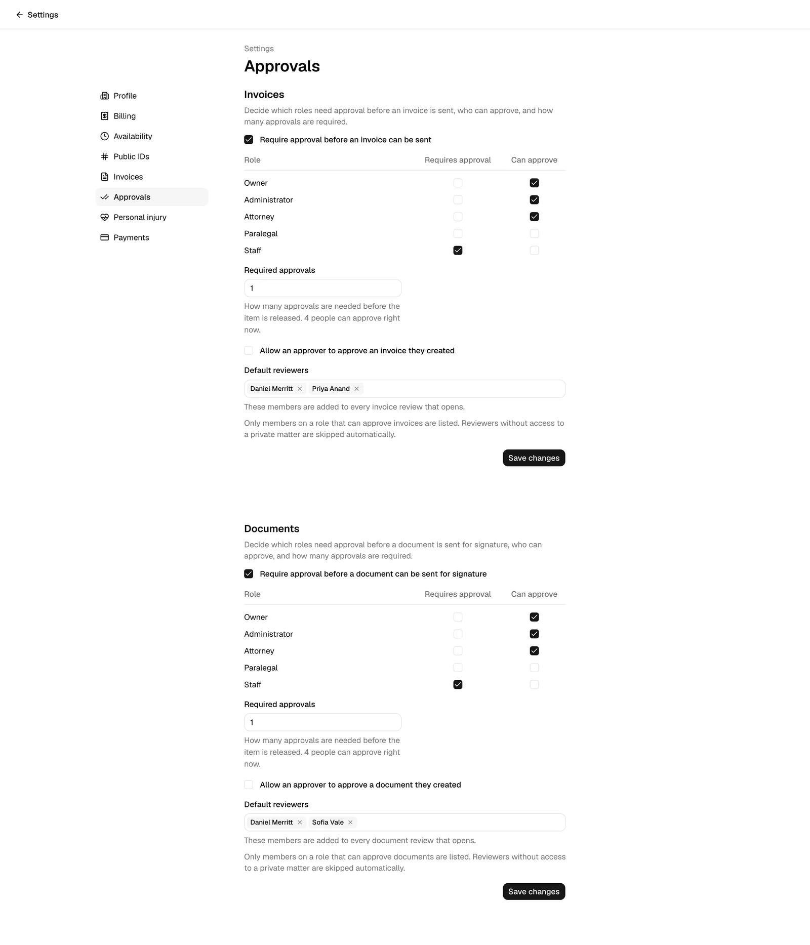The Approvals settings page showing the Invoices section above the Documents section, with the Approvals item highlighted in the settings sidebar.