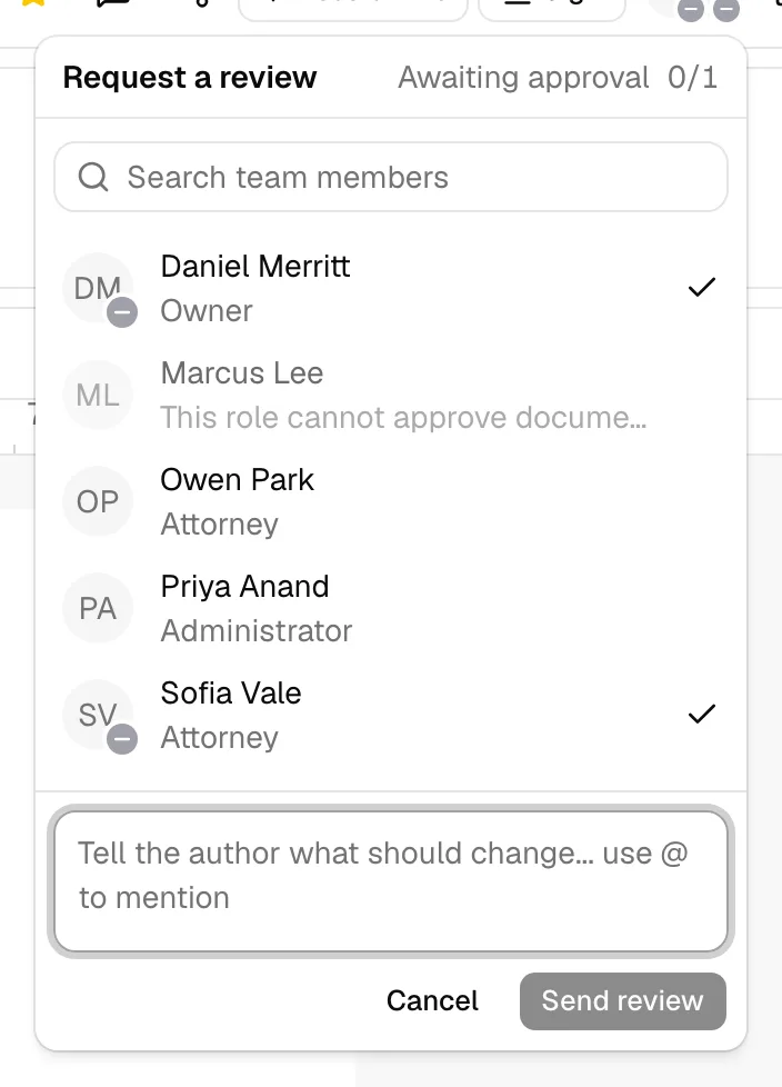 The review panel on a document with the Request changes box open, showing the "Tell the author what should change" prompt and the Cancel and Send review