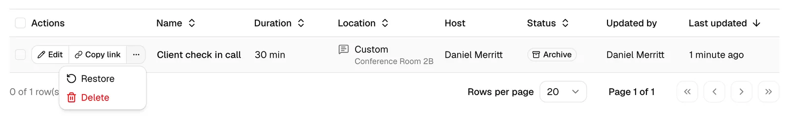 The row "more actions" menu open on an archived event type, showing the Restore and Delete options.