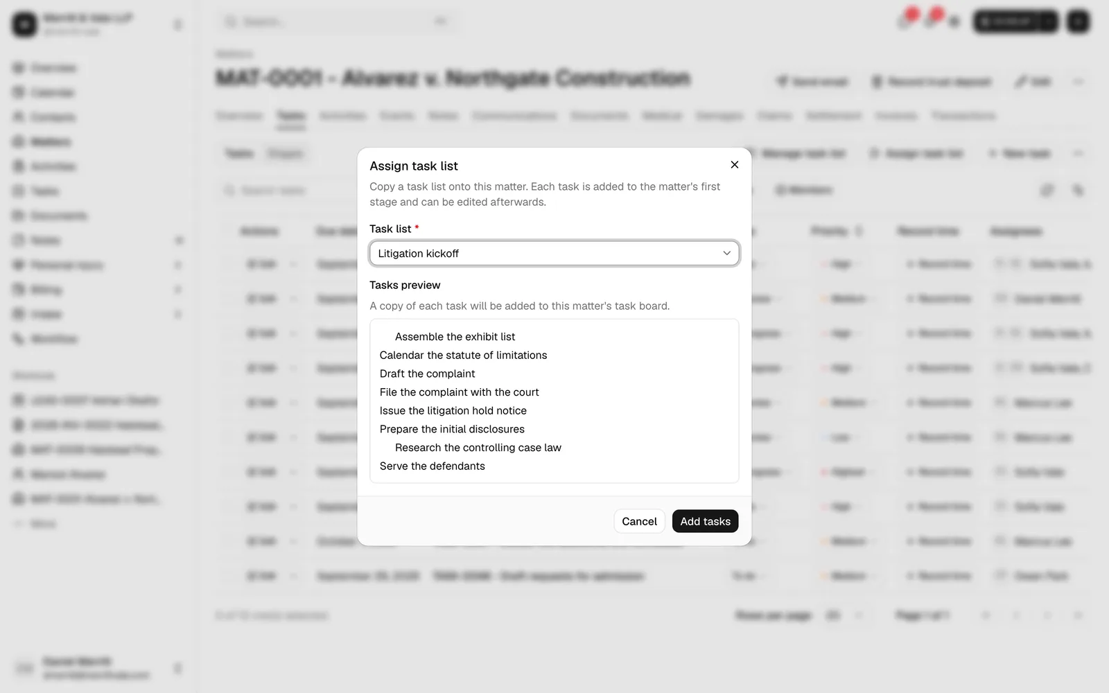 The Assign task list dialog open over a matter's Tasks tab, showing the Task list dropdown with a list selected, the Tasks preview panel listing the tasks with