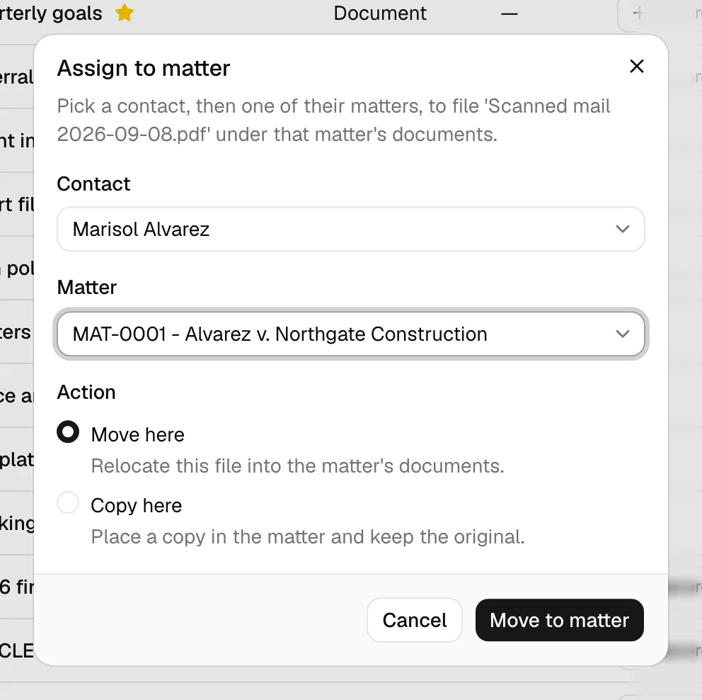 The Assign to matter dialog showing the Contact picker, the Matter picker below it, and the Move here / Copy here choice.