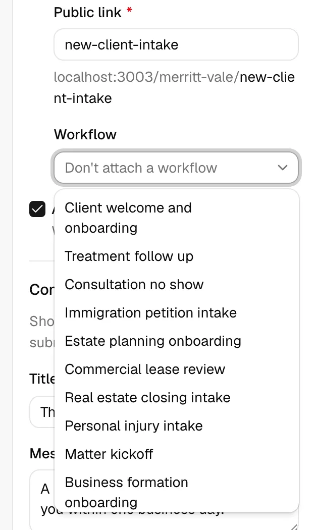 The Workflow dropdown open in the Form settings panel, showing a list of active workflows to choose from.