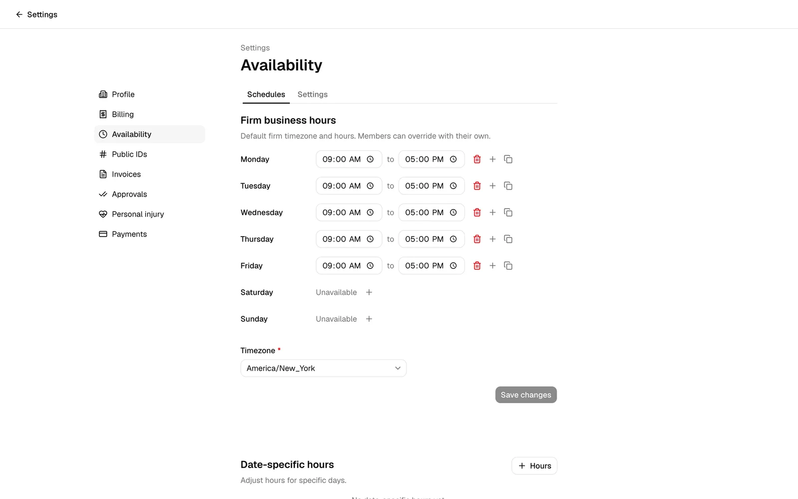 The Availability page open in firm settings, with the Availability item highlighted in the left settings sidebar and the Schedules tab selected.