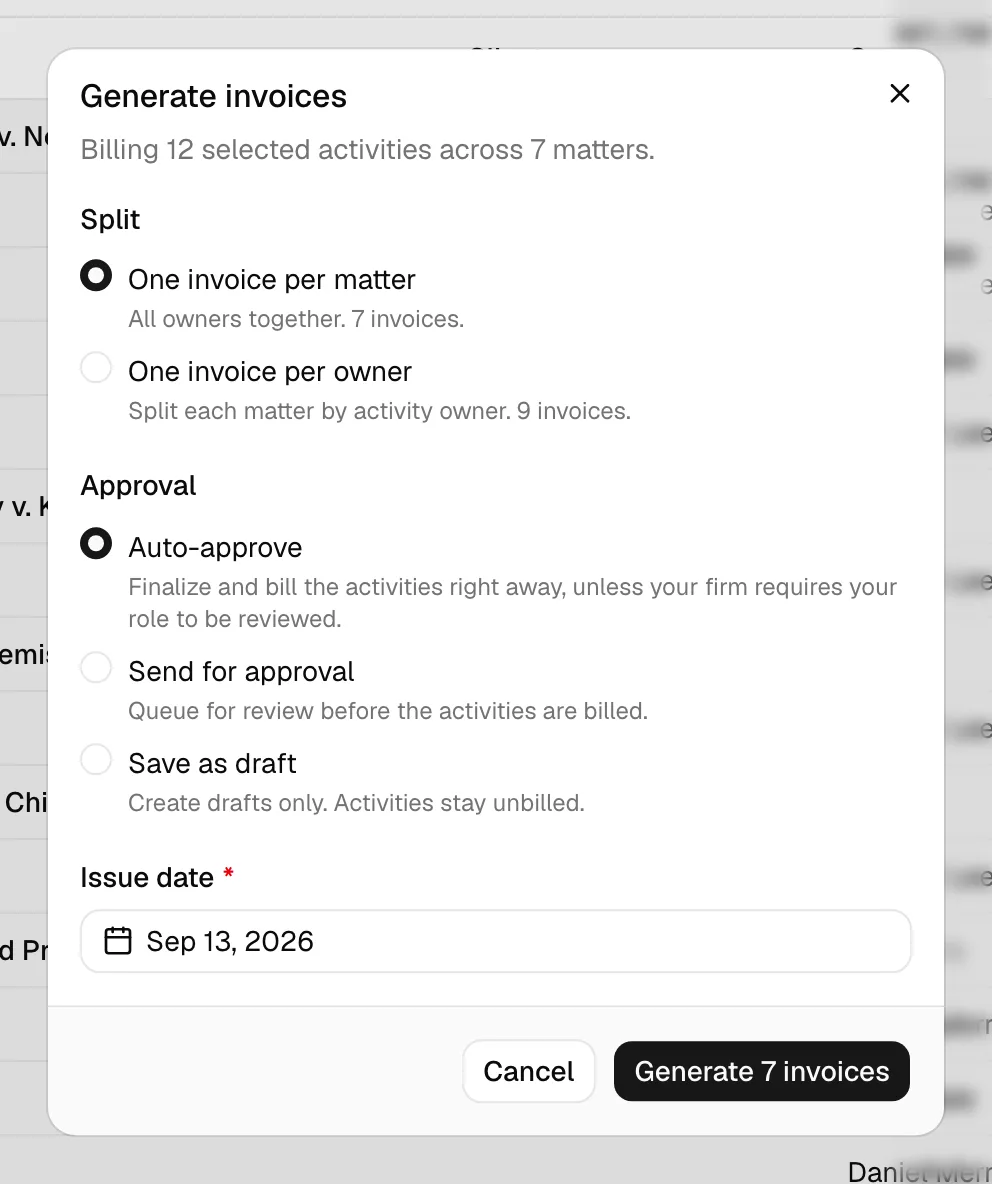 The Generate invoices dialog showing the Split options with their live invoice counts, the Approval options, the Issue date field, and the Generate button.