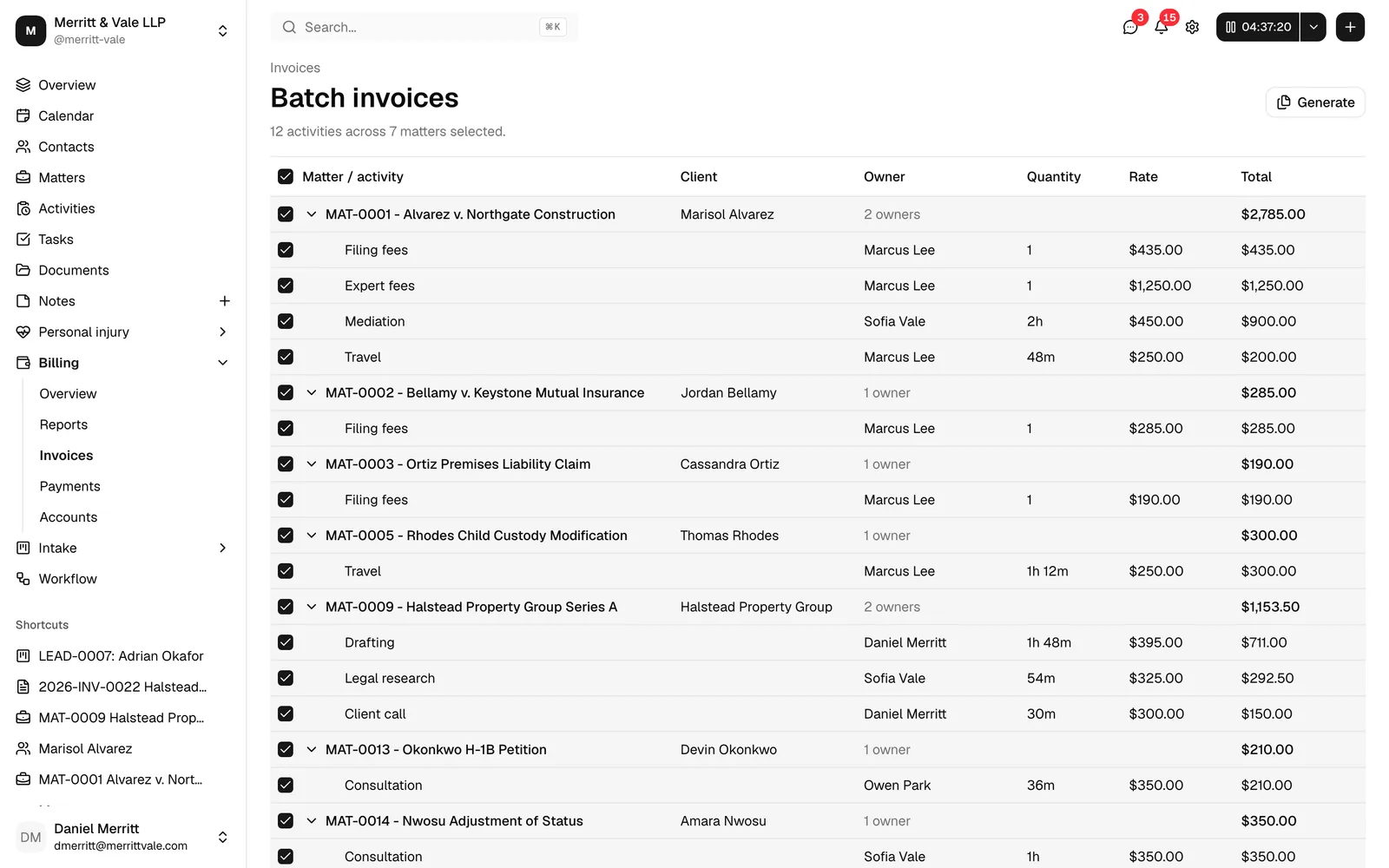 The Batch invoices screen with several matter cards expanded, each showing its activities with category, owner, quantity, rate, and total, and the selection
