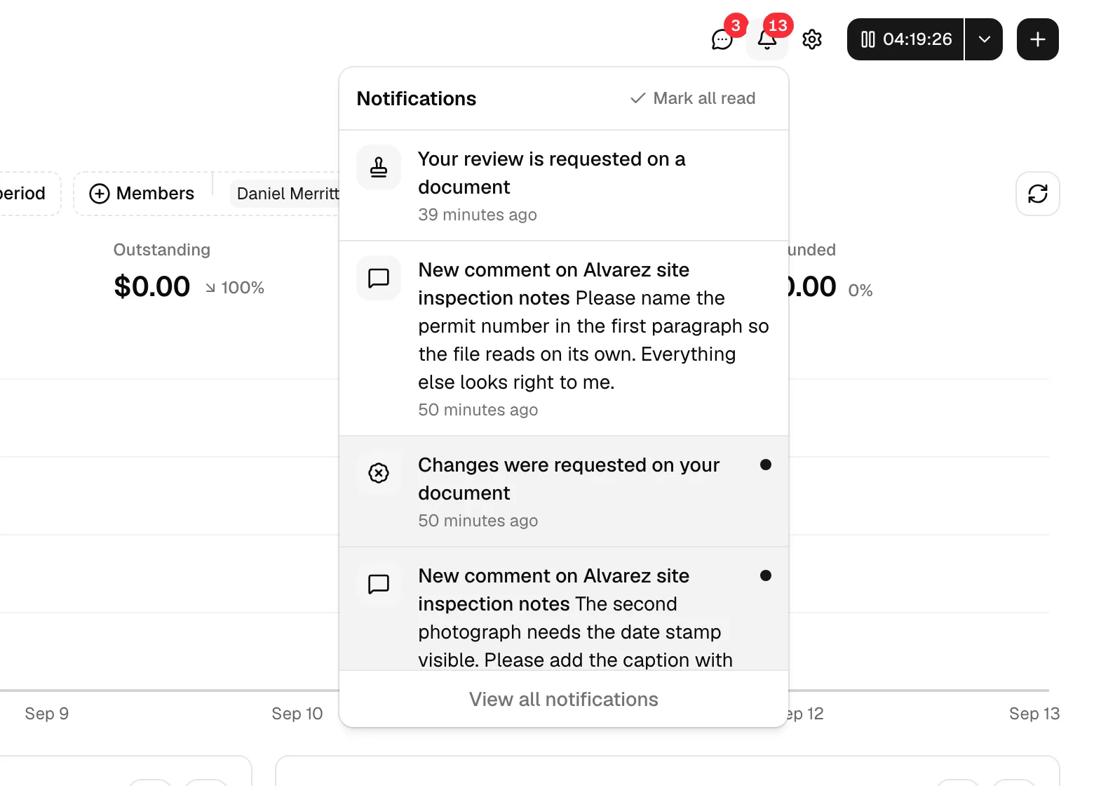 The dashboard top bar with the bell icon open, showing the dropdown panel with a few notifications (a mix of unread highlighted rows and read rows) and the red