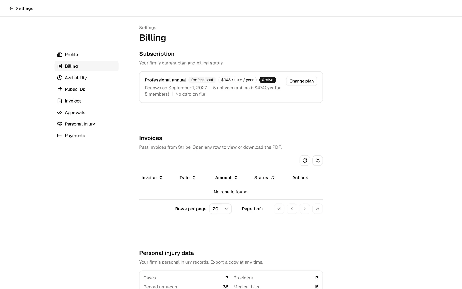 The Billing settings page for an owner, showing the Subscription section with the current-plan card at top and the Invoices table below.