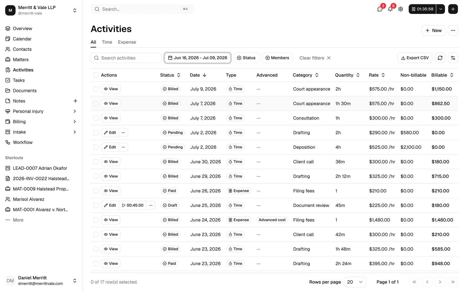 The activities table with the Status column visible, showing rows in Draft, Pending, Billed, and Paid states.