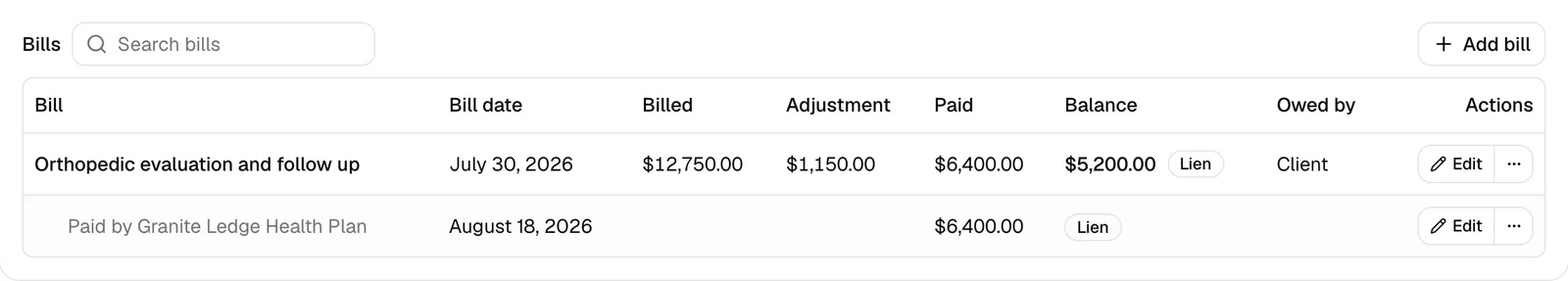 The Bills section showing a bill row with a Lien badge on its balance, and an indented payer row beneath it also carrying a Lien badge.