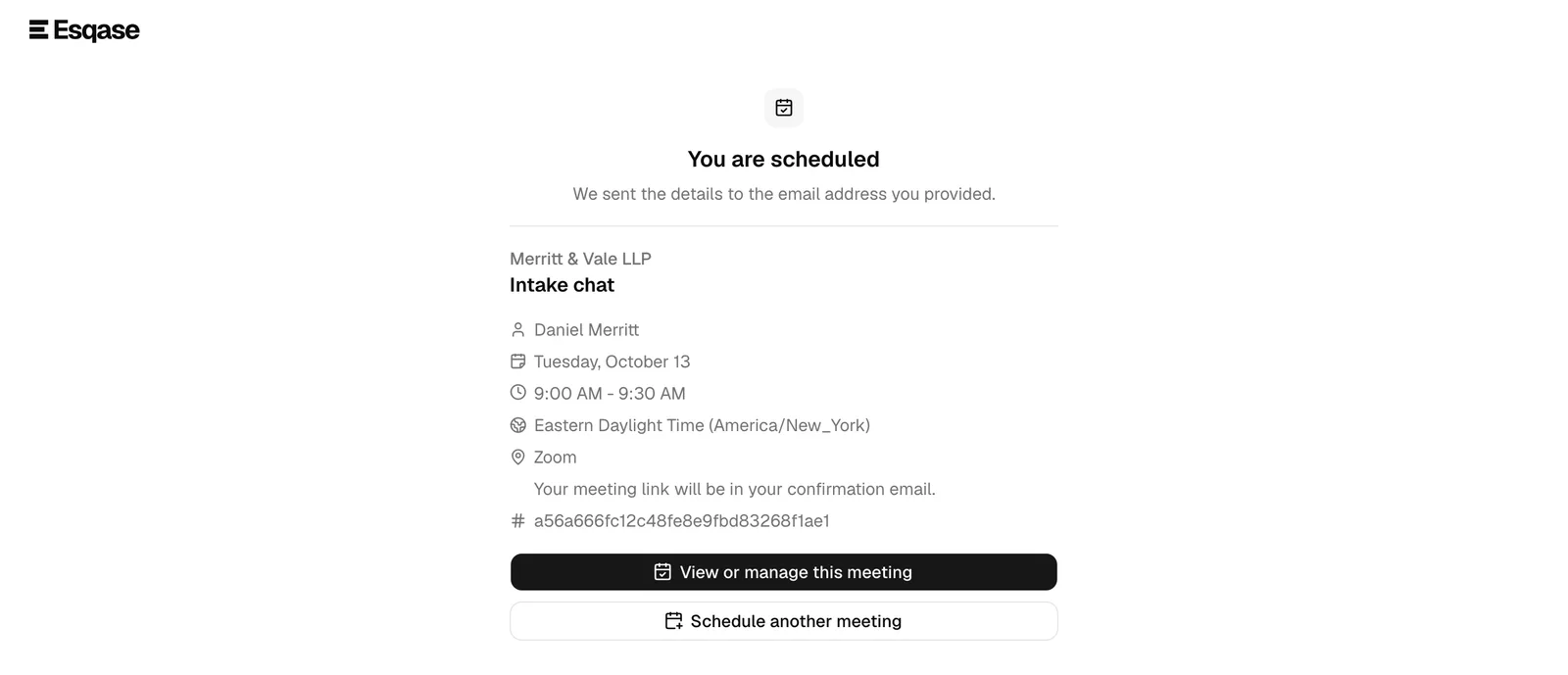 The "You are scheduled" confirmation page of an Ask customer booking, showing Zoom as the location and the line saying the meeting link will be in the confirmation email.