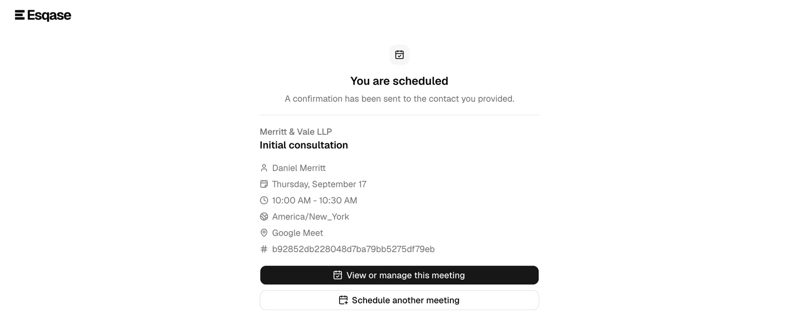 The "You are scheduled" confirmation page showing the host, date, time, time zone, location, and the View or manage this meeting button.