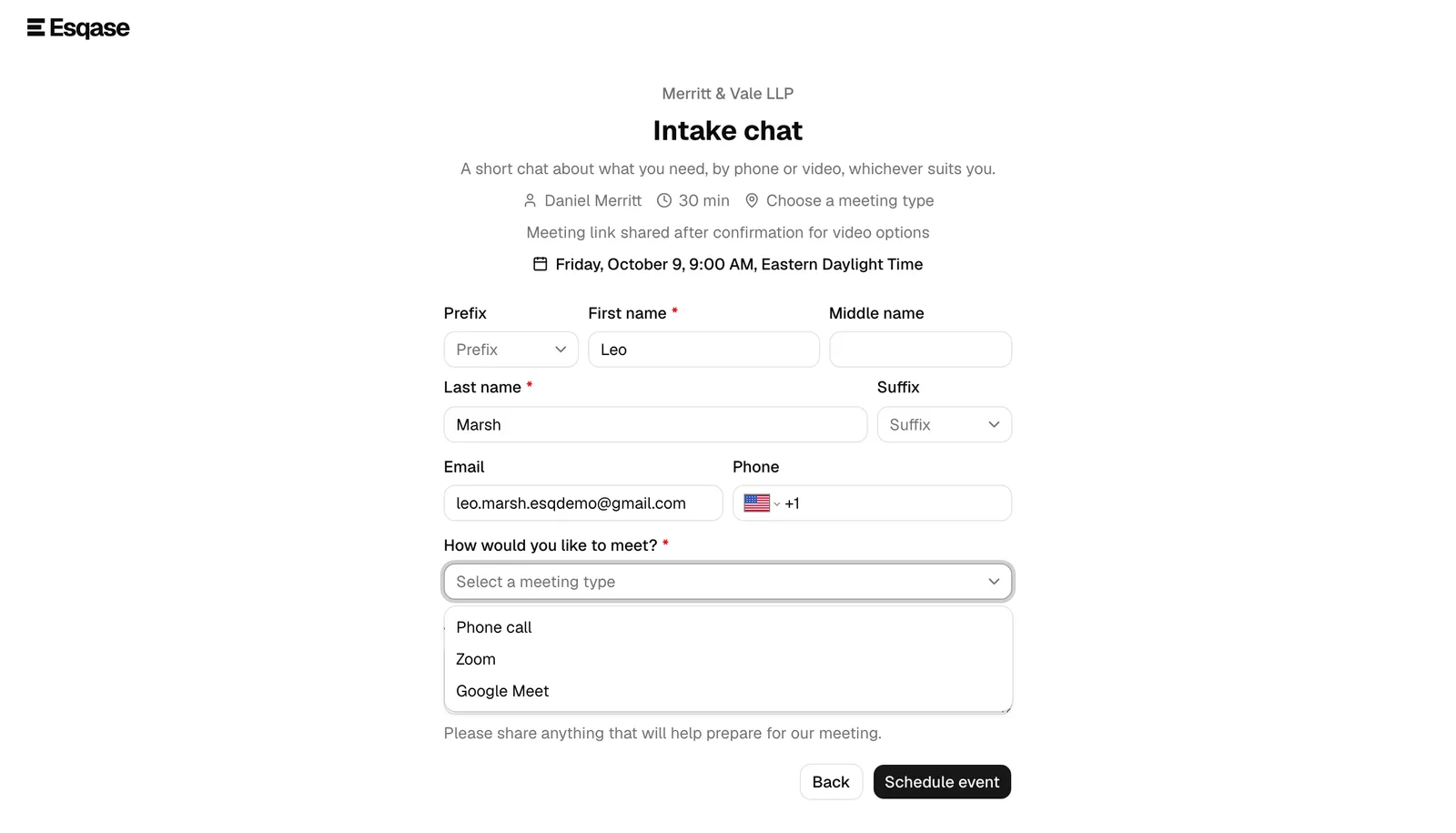 The contact form of an Ask customer event type, with the "How would you like to meet?" list open and offering Phone call, Zoom and Google Meet.