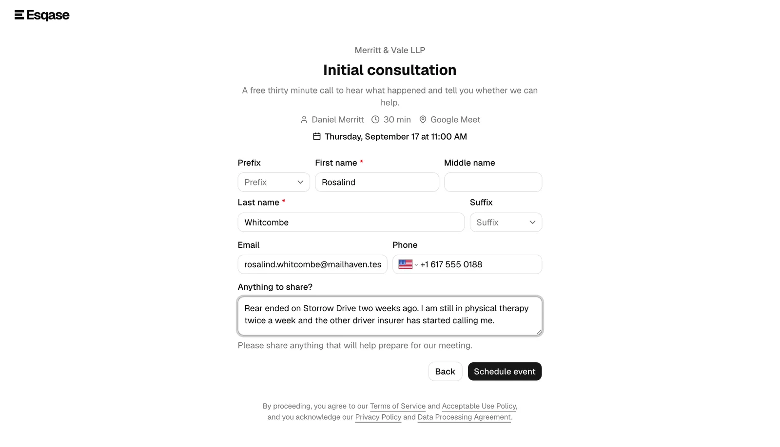 The contact form step, showing the name fields, Email and Phone fields, the "Anything to share?" note box, and the Schedule event button, with the chosen date
