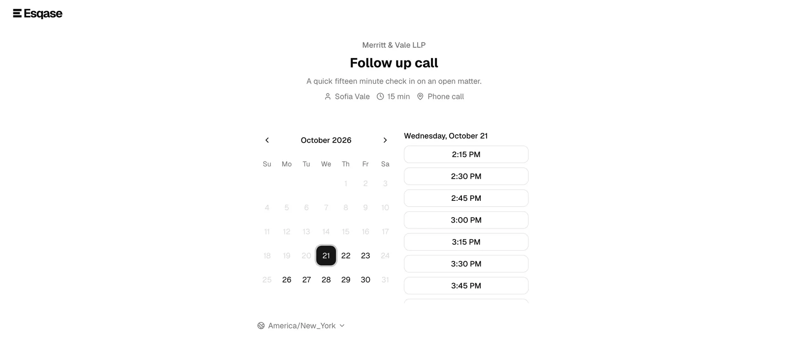 The booking page of a 15-minute Follow up call with a 4-hour minimum notice, opened at 10:05 AM on Wednesday, October 21: that day is still bookable, and the first time it offers is 2:15 PM.