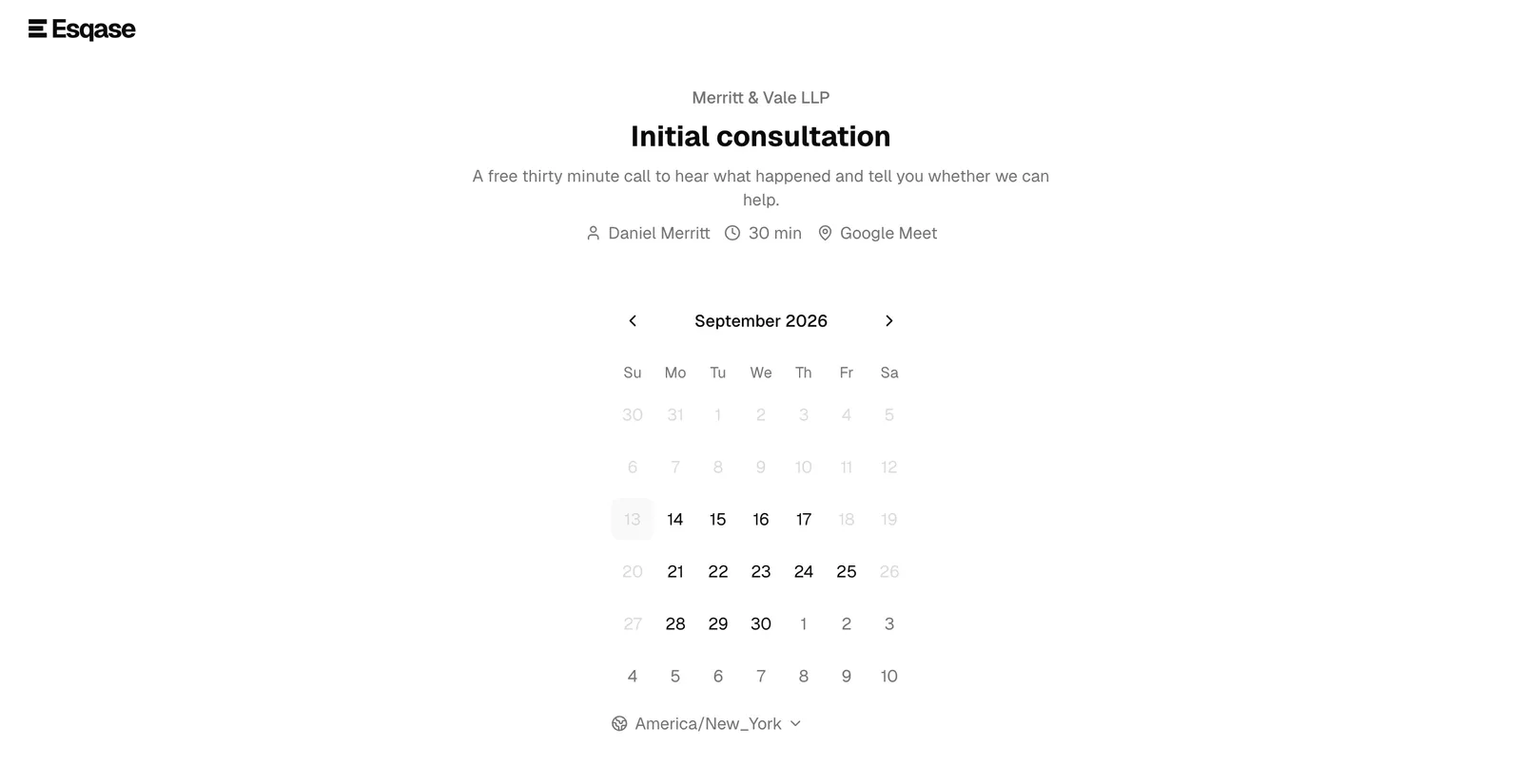 The public booking page on first load, showing the firm name, event type name and description, the host/duration/location summary line, and the date-picker