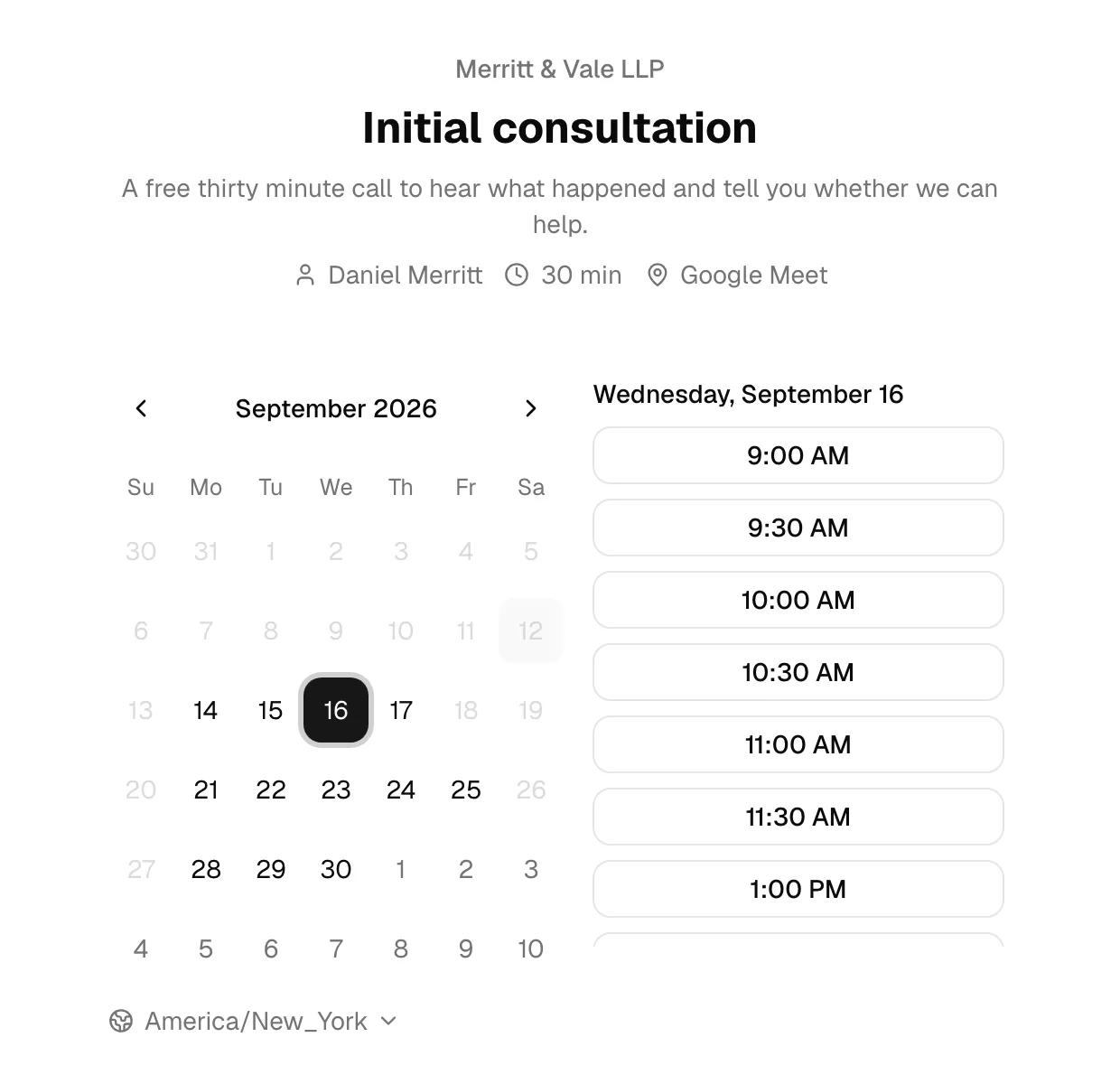 A public booking page showing selectable time slots for a chosen date, illustrating how the firm's open hours become bookable times.